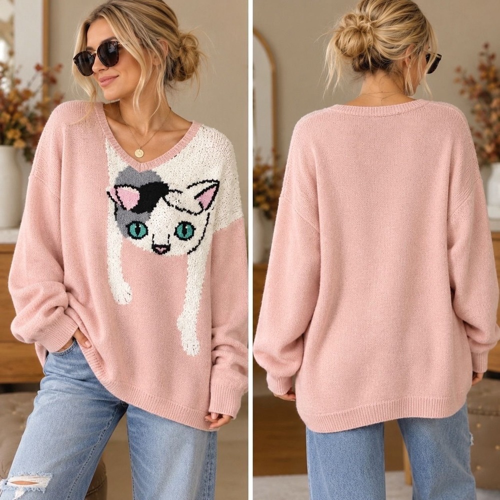 Wildfox White Label Joan Cat Sweater L Peach Pink Oversized Knit Y2K Retired